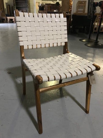 Off-White Leather and Unfinished Wooden Diana Woven Chair