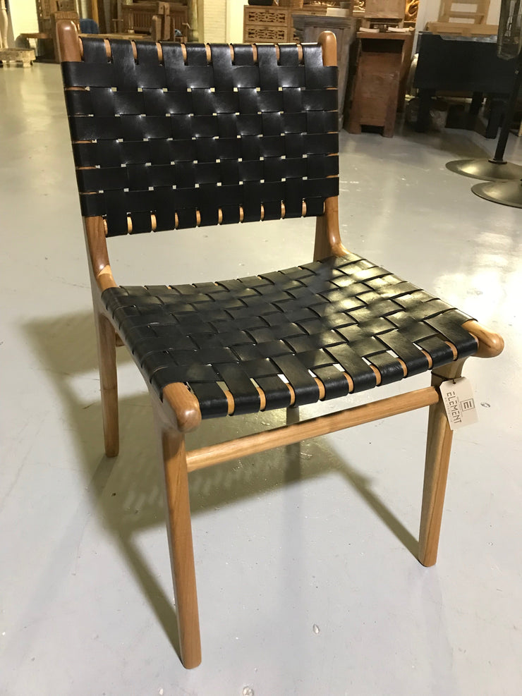 Black Leather and Unfinished Wooden Diana Woven Chair