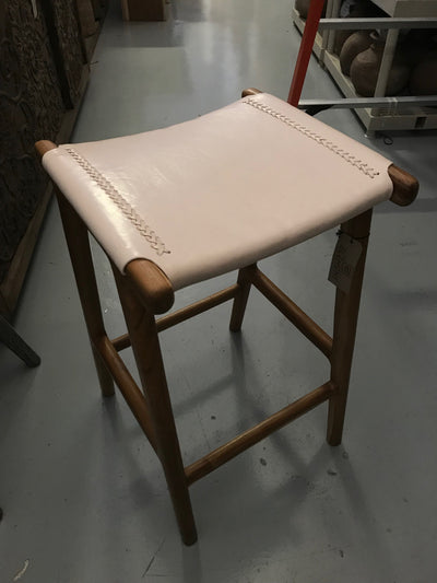 Natural Leather and Unfinished Wooden Flat Barstool