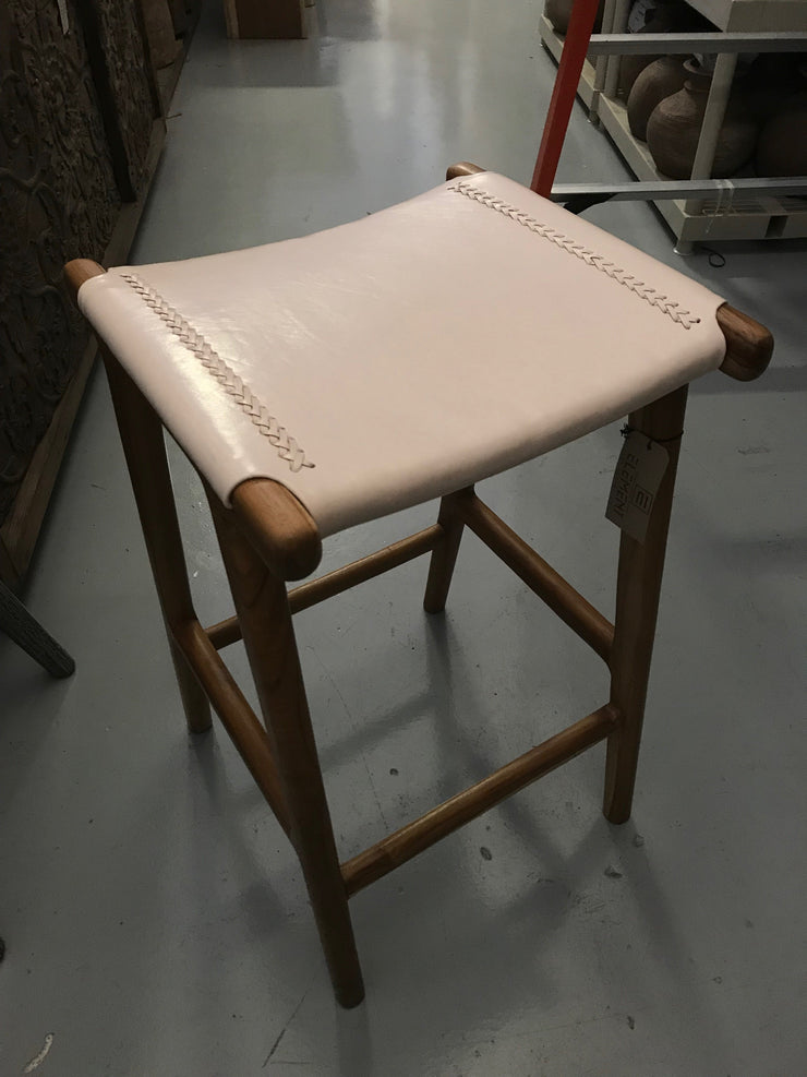 Natural Leather and Unfinished Wooden Flat Barstool