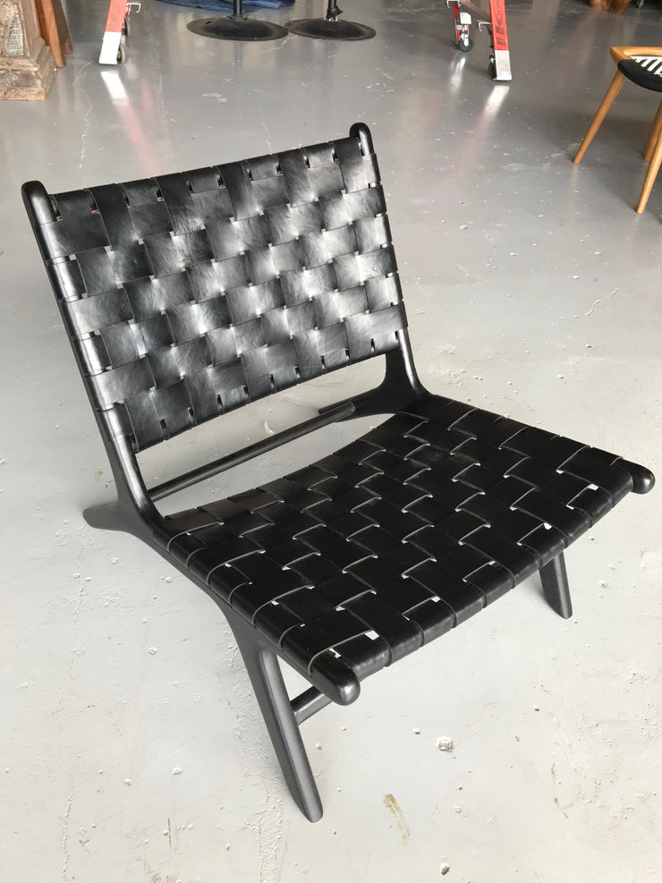Black Leather and Black Wooden Marlboro Woven Chair