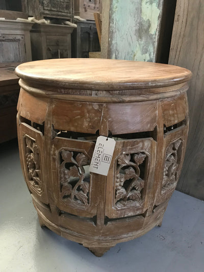 Round Wooden Side Table with Carving