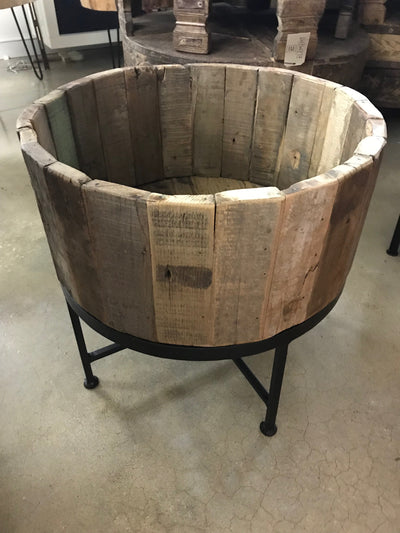 Round Wooden Planter with Iron Base