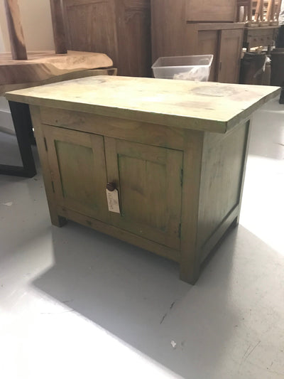 Short Green Wooden Side Table with Two Doors