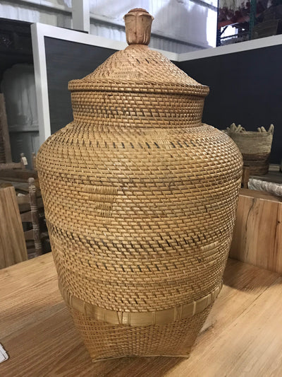 Tall Natural Fiber Woven Basket with Lid
