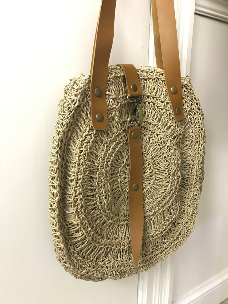 Circular Natural Fiber Woven Bag with Leather Straps