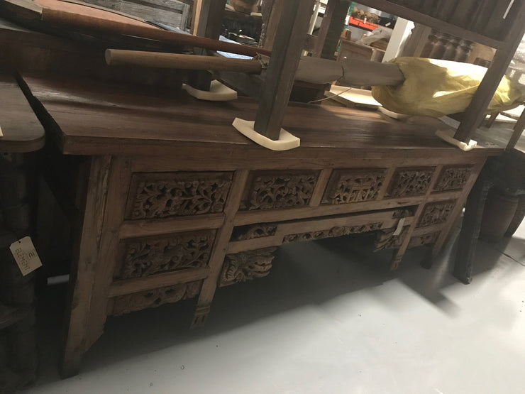 Long Dark Colored Wooden Console Table with Carving