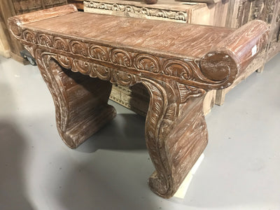 Wooden Console Table with White Wash and Carving