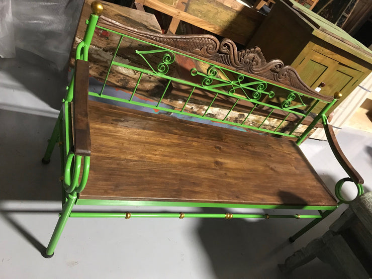 Green Metal Bench with Wooden Seat