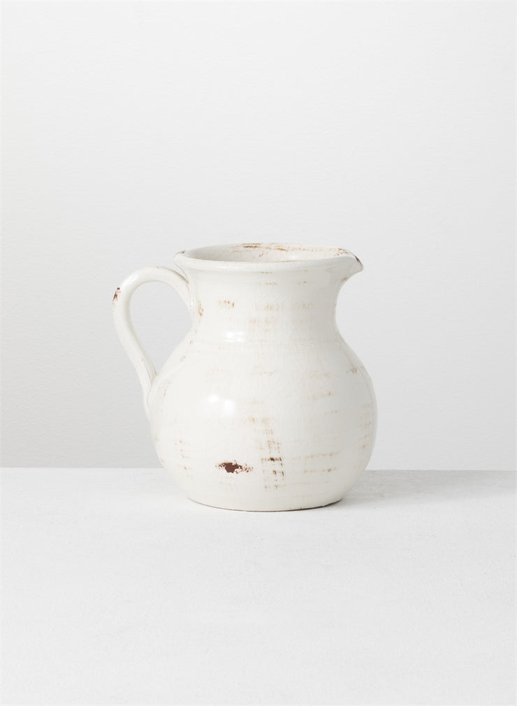 White Round Glazed Ceramic Pitcher - 8"H