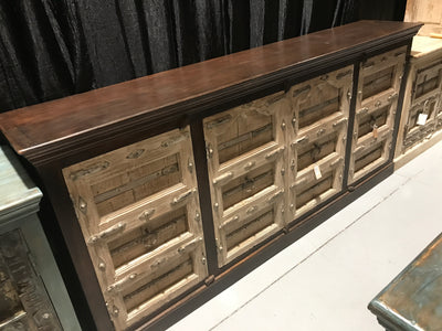 Carved Dark Wood Sideboard with Yellow Doors