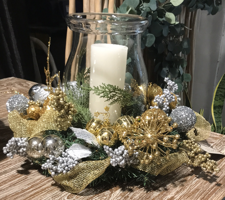 Glass Vase with Candle and Holiday Garland