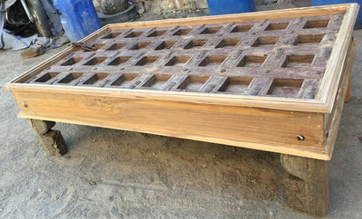 Large Wooden Coffee Table with Square Carvings