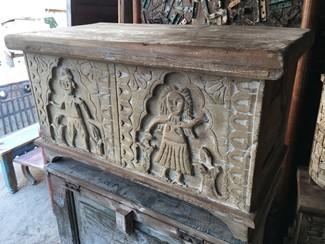 Wooden Trunk with Carving on Front