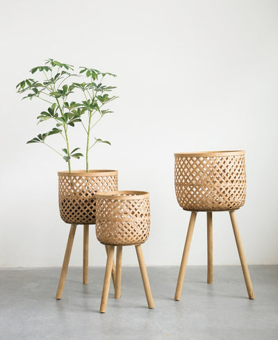 Woven Bamboo Basket w/ Wood Legs